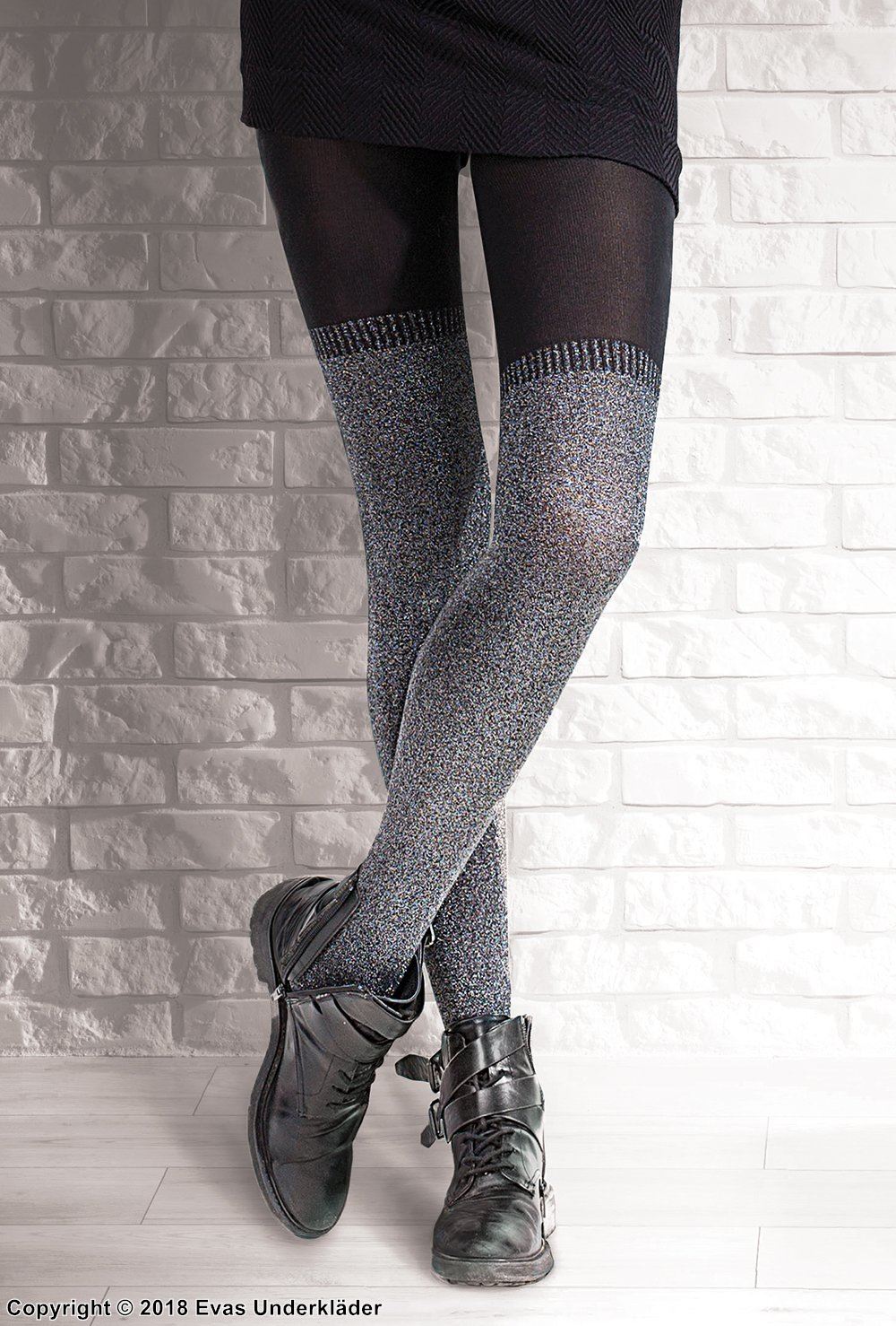 Pantyhose, cotton, over-knee socks imitation, shimmering lurex